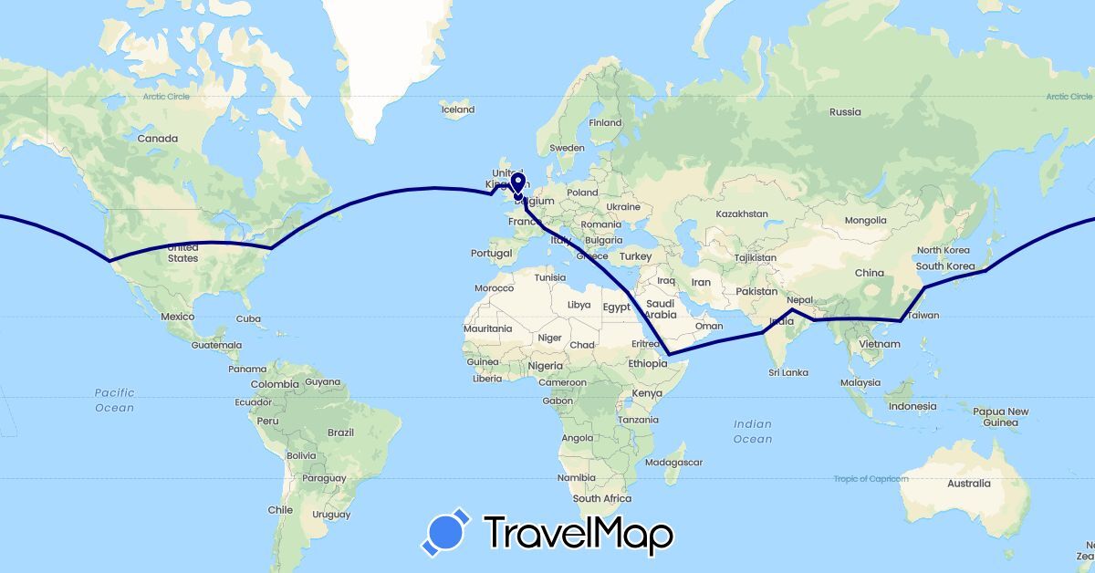 TravelMap itinerary: driving in China, Egypt, France, United Kingdom, Ireland, India, Italy, Japan, United States, Yemen (Africa, Asia, Europe, North America)